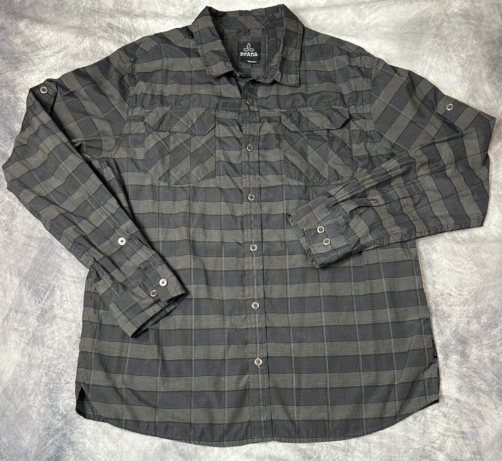 PrAna Shirt Mens XL Gray Plaid Organic Cotton Blend Long Sleeve Button Hiking